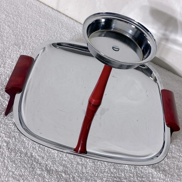 Vintage Glo Hill Gourmates Chrome Serving Tray W Cherry Red Bakelite Accents - Picture 5 of 13